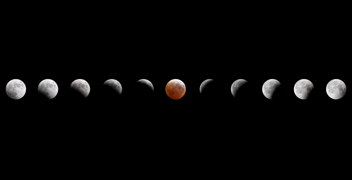 Figura 1: todas as fases do eclipse lunar. Foto: Nasa.