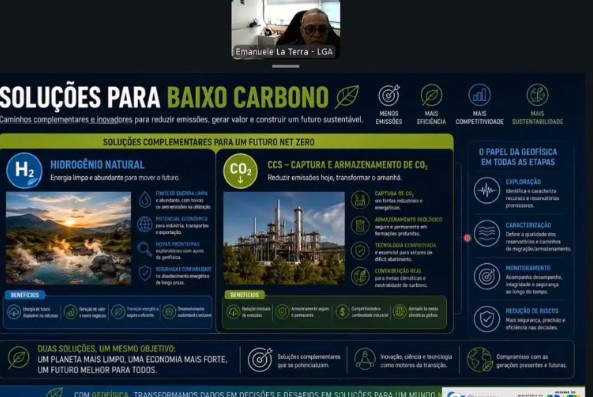 De modo remoto, o Dr. Emanuele La Terra, pesquisador da Coordenação de Geofísica do ON, explicou o potencial do hidrogênio natural e da tecnologia de Captura e Armazenamento de Carbono (CCS). Foto: YouTube/ON.