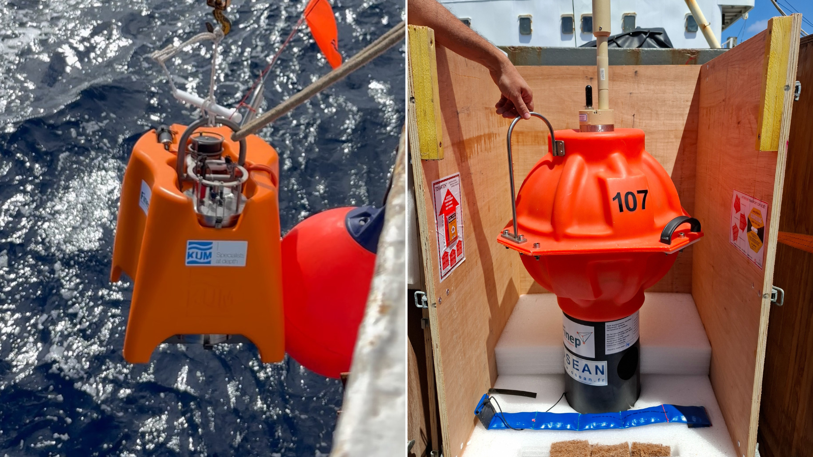 Sismógrafos sendo lançados ao mar no âmbito do Projeto RSBR-Mar (MERMAID à direita e OBS à esquerda)