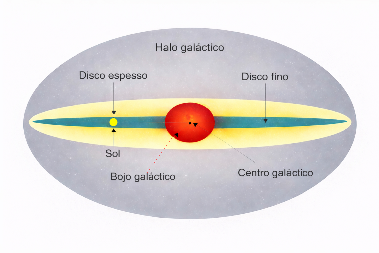 Representação esquemática da Via Láctea, além do disco fino e espesso, o centro galáctico, a região mais interna da galáxia que abriga o buraco negro supermassivo. O bojo galáctico, uma estrutura central aproximadamente esferoidal dominada por estrelas antigas e o halo galáctico, um componente extenso e difuso que envolve a galáxia, composto por estrelas antigas e matéria escura. Fonte: Wikipedia.