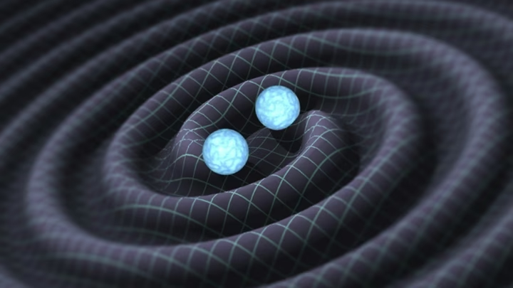 Representação artística das ondas gravitacionais geradas por um sistema binário de estrelas de nêutrons durante sua órbita. Fonte: Caltech/LIGO