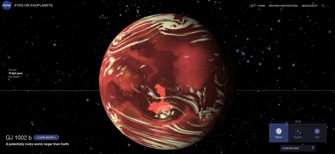 Entre os oito exoplanetas com maiores possibilidades, o principal destaque foi o GJ 1002b. Descoberto em 2022, o planeta situa-se a aproximadamente 16 anos-luz da Terra e orbita uma estrela anã-vermelha (tipo M), mais fria que o Sol, completando uma volta ao redor dela a cada 10 dias. Foto: NASA/JPL