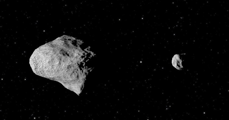  Asteroides binários são sistemas compostos por dois asteroides gravitacionalmente ligados que orbitam ao redor de um centro de massa comum. Foto: ESA.