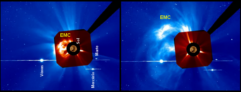 A Ejeção de Massa Coronal (EMC) do dia 18 de Janeiro, em dois momentos distintos, ainda contida no campo de visão da câmera LASCO C2 do SOHO (à esquerda), e já ocupando quase todo o campo de visão da câmera LASCO C3 do SOHO. Estas imagens são composições das visões do Sol em ultravioleta próximo (ao centro), da LASCO C2 e LASCO C3 (ambas no visível), em cores falsas, para distinguir um do outro. as partes escuras são dos anteparos (coronógrafo) do SOHO, que impedem a visão direta do Sol nas câmeras LASCO. As faixas esbranquiçadas são o plasma emitido pelo Sol, seja o ordinário (vento solar) ou em maior quantidada na EMC. São vistas estrelas ao fundo, bem como planetas que eventualmente aparecem no cmapo de visão e são identificados. Os traços horizontais dos planetas são artefatos da imagem, causados pelo grande brilho destes. Fonte: SOHO (ESA-NASA).