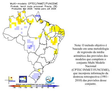 A previsão climática indica maior probabilidade da chuva acima da faixa normal nas áreas em azul no mapa, no centro sul do AM, no AP, na parte central de MT e no RS. Nas áreas em amarelo (setor norte da Região Norte e grande parte da Região Nordeste do país), há maior chance de chuvas abaixo da faixa normal. Nas áreas em branco, há iguais chances de ocorrência de chuvas dentro, acima ou abaixo da faixa normal climatológica. Foto: INPE.