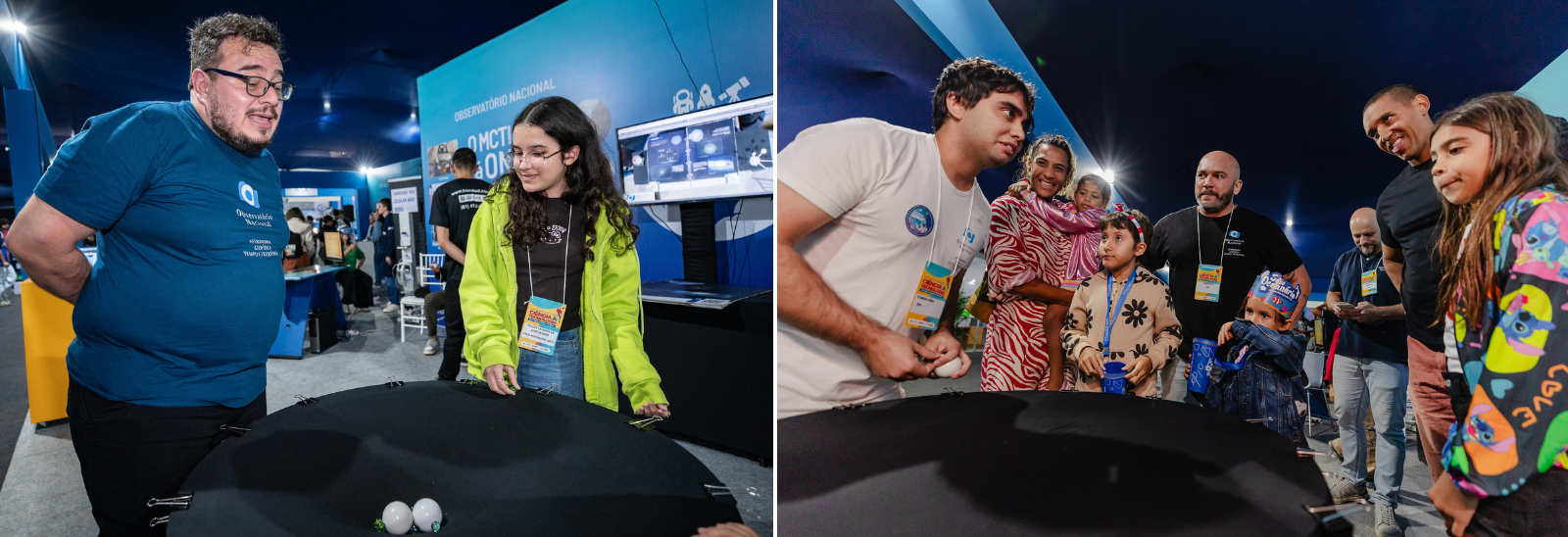 Nicole Semião, embaixadora mirim do Pop Ciência do MCTI, e Anielle Franco conhecem experimento do tecido espaço-tempo