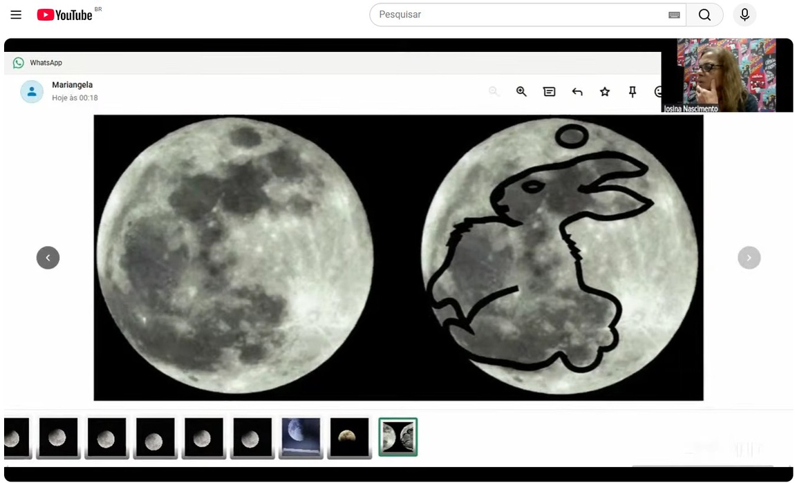 A figura do coelhinho na Lua, formada pelo arranjo das crateras lunares, foi um dos destaques lúdicos e didáticos da transmissão, sendo utilizada tanto para a orientação geográfica quanto por seu significado cultural. Foto: YouTube/ON.