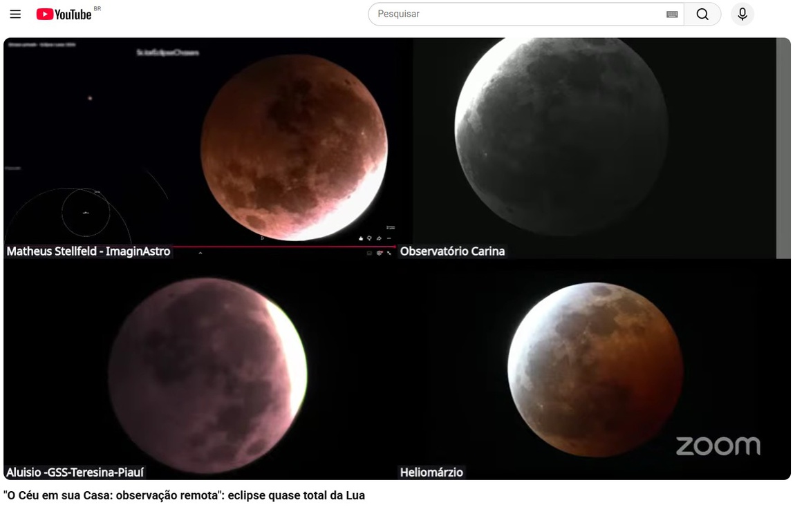 No Horário de Brasília, o eclipse lunar atingiu seu ápice às 01h13 de 28 de agosto, momento em que 96,2% do disco lunar entrou na umbra, a sombra mais escura da Terra. Foto: YouTube/ON.