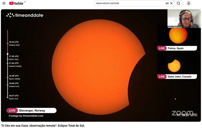 Cobertura que o ON fez do eclipse solar teve mais de 60 mil visualizações no canal oficial, sem contar as retransmissões. Foto: ON.