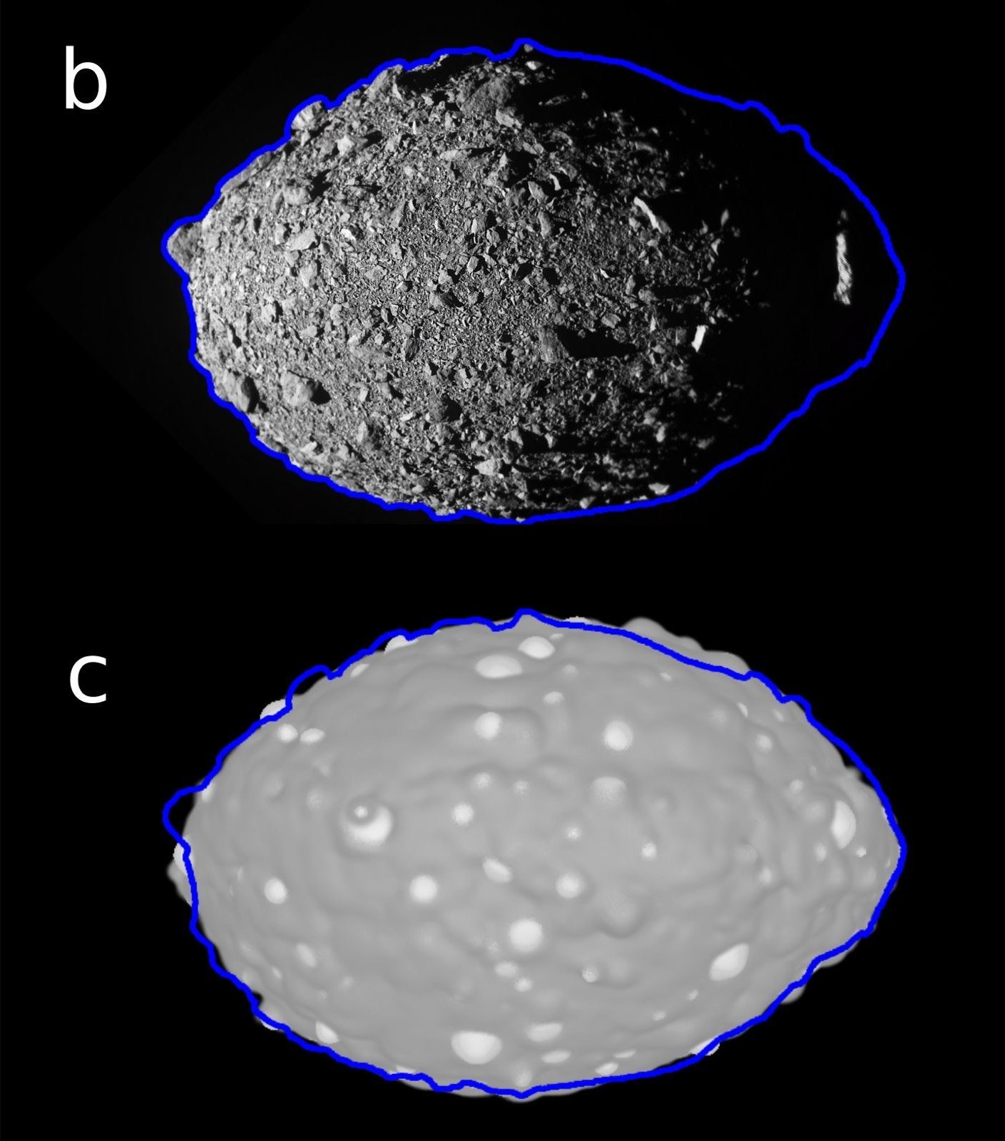 A lua Dimorphos en versão real e em simulação feita pela equipe do Dr. Gustavo.