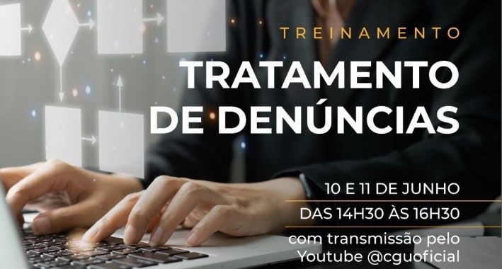 Pessoa digitando em um notebook sobrescrito com o nome do evento Tratamento de Denúncias