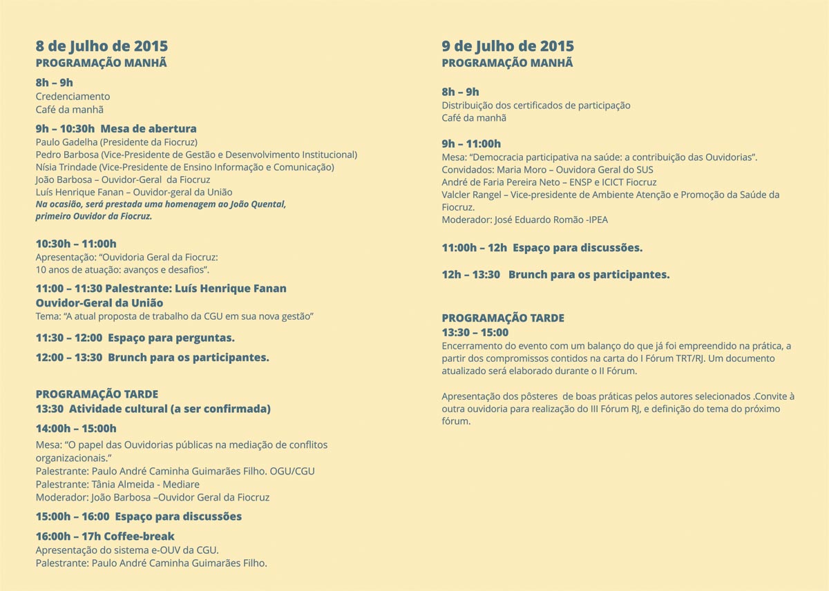 Programação completa do 2º Fórum de Ouvidorias Públicas do Rio de Janeiro