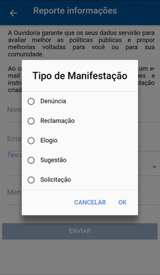 Tela do aplicativo Avançar - Tipos de manifestação