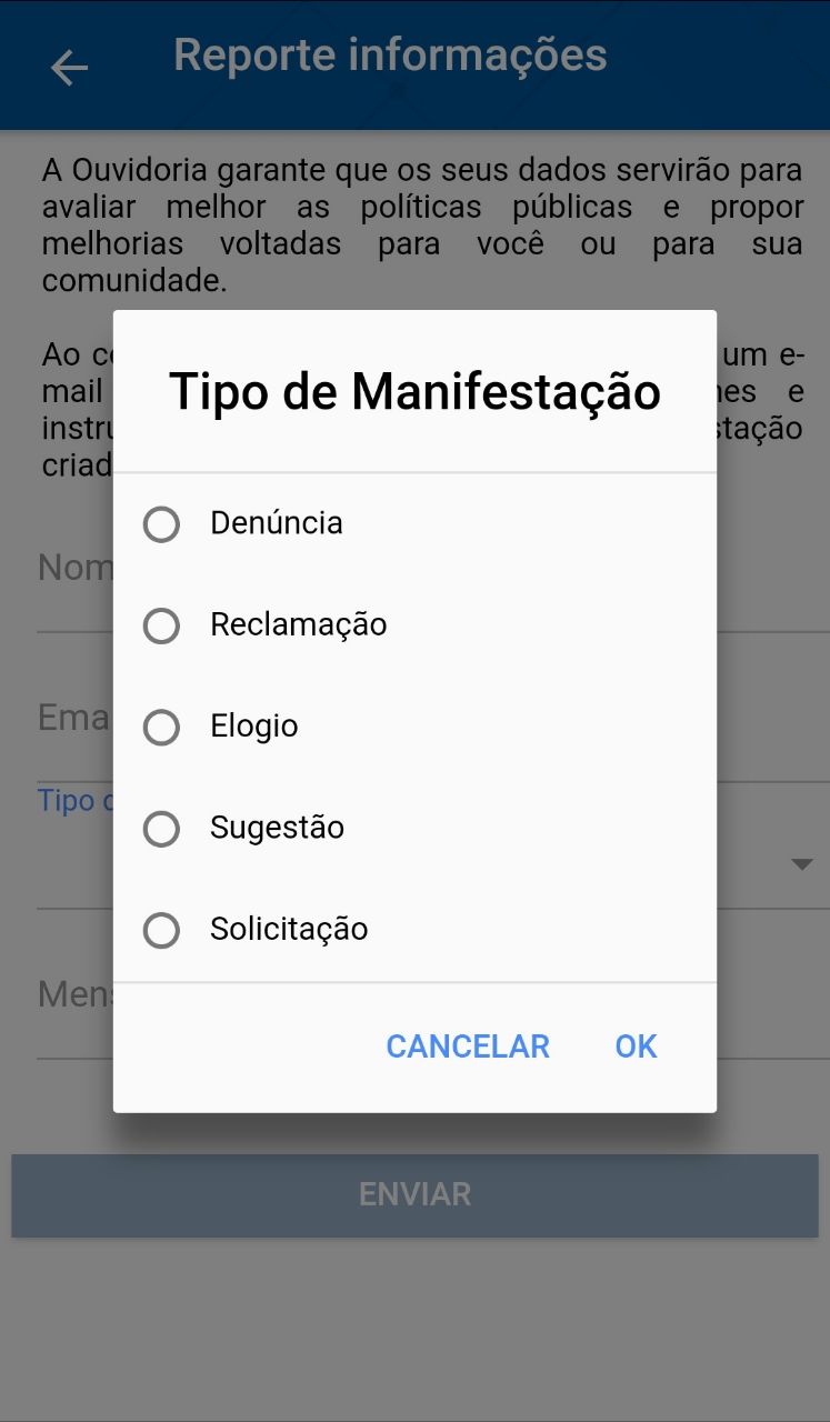 Tela do aplicativo Avançar - Tipos de manifestação