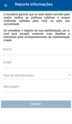 Tela do aplicativo Avançar - Reportar Informações