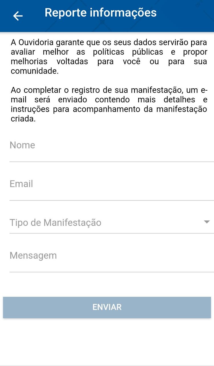 Tela do aplicativo Avançar - Reportar Informações