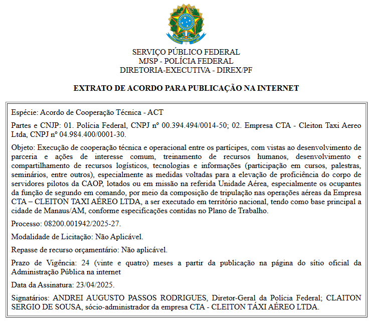 Acordo de Cooperação Técnica - ACT PF e Empresa CTA – CLEITON TAXI AEREO LTDA