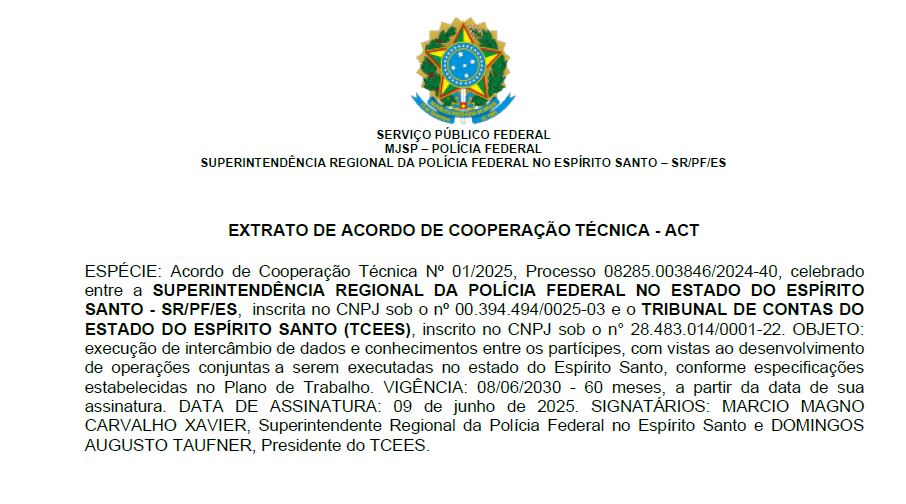 ACT - Superintendência Regional da Polícia Federal no ES - SR/PF/ES e Tribunal de Contas do Espírito Santo - TCEES