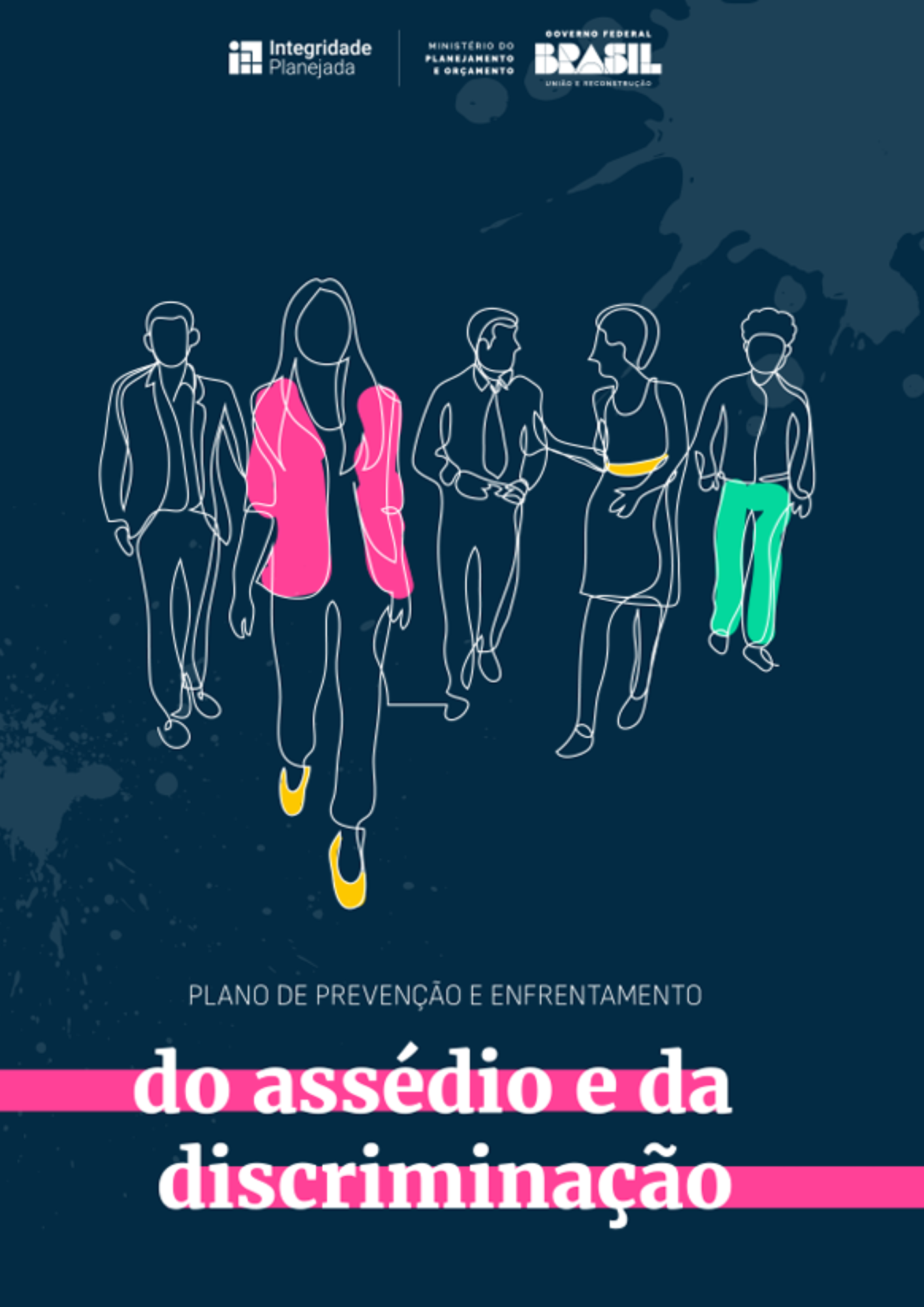 Capa ilustrada com desenho de pessoas, utilizando apenas o contorno dos corpos em branco com a inscrição  Plano de Prevenção e Enfrentamento ao Assédio e da Discriminação
