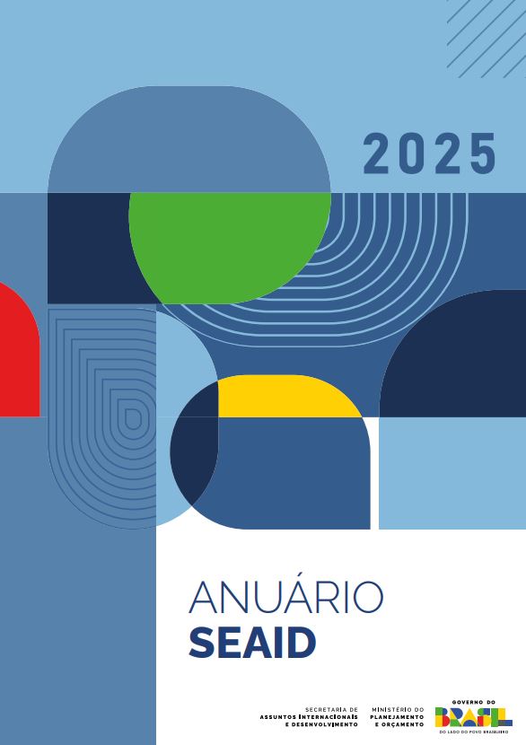 Capa ilustrativa com figuras geométricas em tom predominante de azul direciona ao Anuário de Atividades da Secretaria de Assuntos Internacionais e Desenvolvimento referente ao ano de 2025