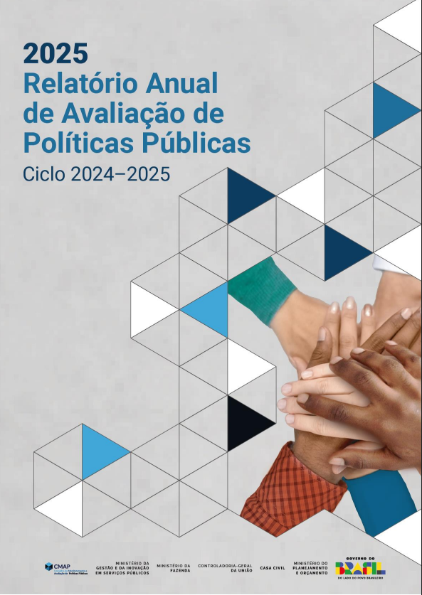 Capa com símbolos geométricos e mãos umas sobre as outras direciona para do Relatório de Avaliação de Políticas Públicas ao Congresso Nacional 2025