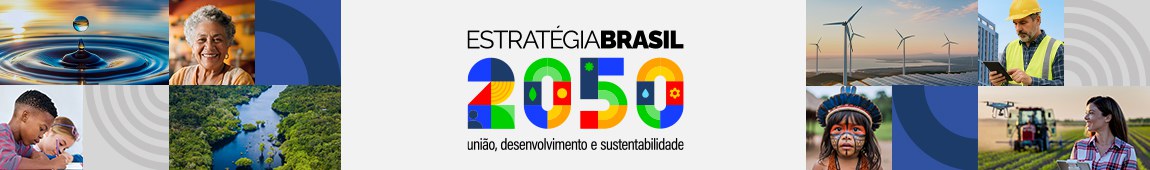 Imagem ilustra floresta ao fundo e logomarca da Estrategia Brasil 2050