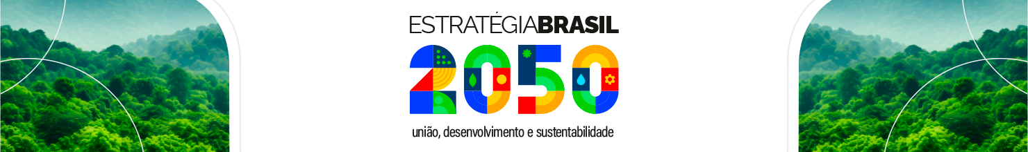 Imagem ilustra floresta ao fundo e logomarca da Estrategia Brasil 2050