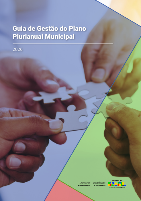 Capa de publicação  Guia de Gestão do PPA Municipal com quatro mãos juntando peças de quebra-cabeça