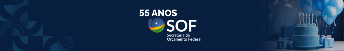 Imagem de fundo azul, com bolo de aniversário e balões em tom de azul com seguinte texto ao centro 55 anos da Secretaria de Orçamento Federal, banner de imagem direciona para a página do Orçamento dentro da página do Ministério