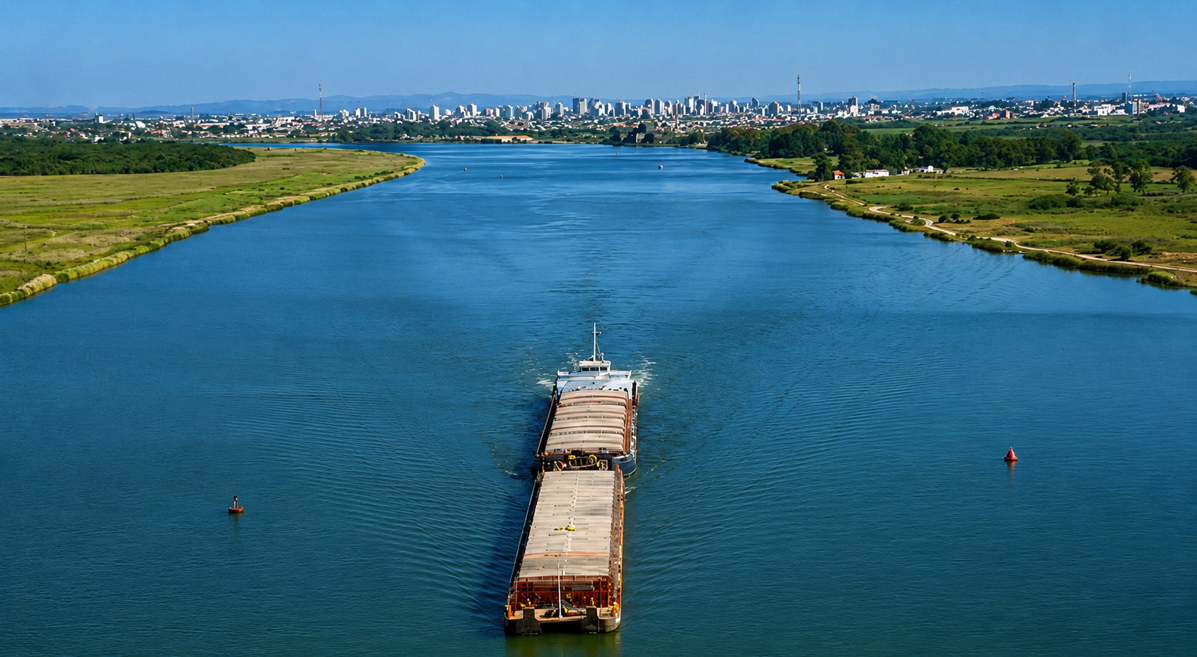 mbarcação de carga navega pela Hidrovia do Rio Paraguai cercada por áreas verdes. Ao fundo, vê-se uma cidade no horizonte sob céu azul, destacando a integração entre transporte fluvial e ambiente urbano.