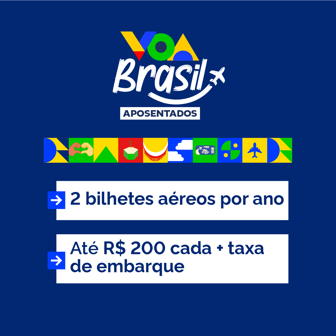 Imagem quadrada, fundo azul escuro e logo do “Voa Brasil aposentados”. Textos: “2 bilhetes aéreos por ano” e “Até R$ 200 cada + taxa de embarque”