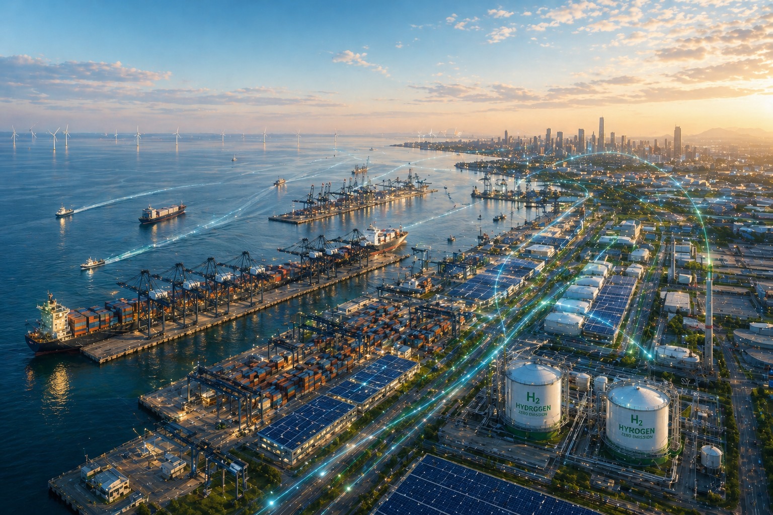 Porto industrial sustentável com navios, painéis solares, tanques de hidrogênio verde, turbinas eólicas offshore e uma cidade moderna ao fundo, simbolizando a descarbonização e a integração de energias renováveis.