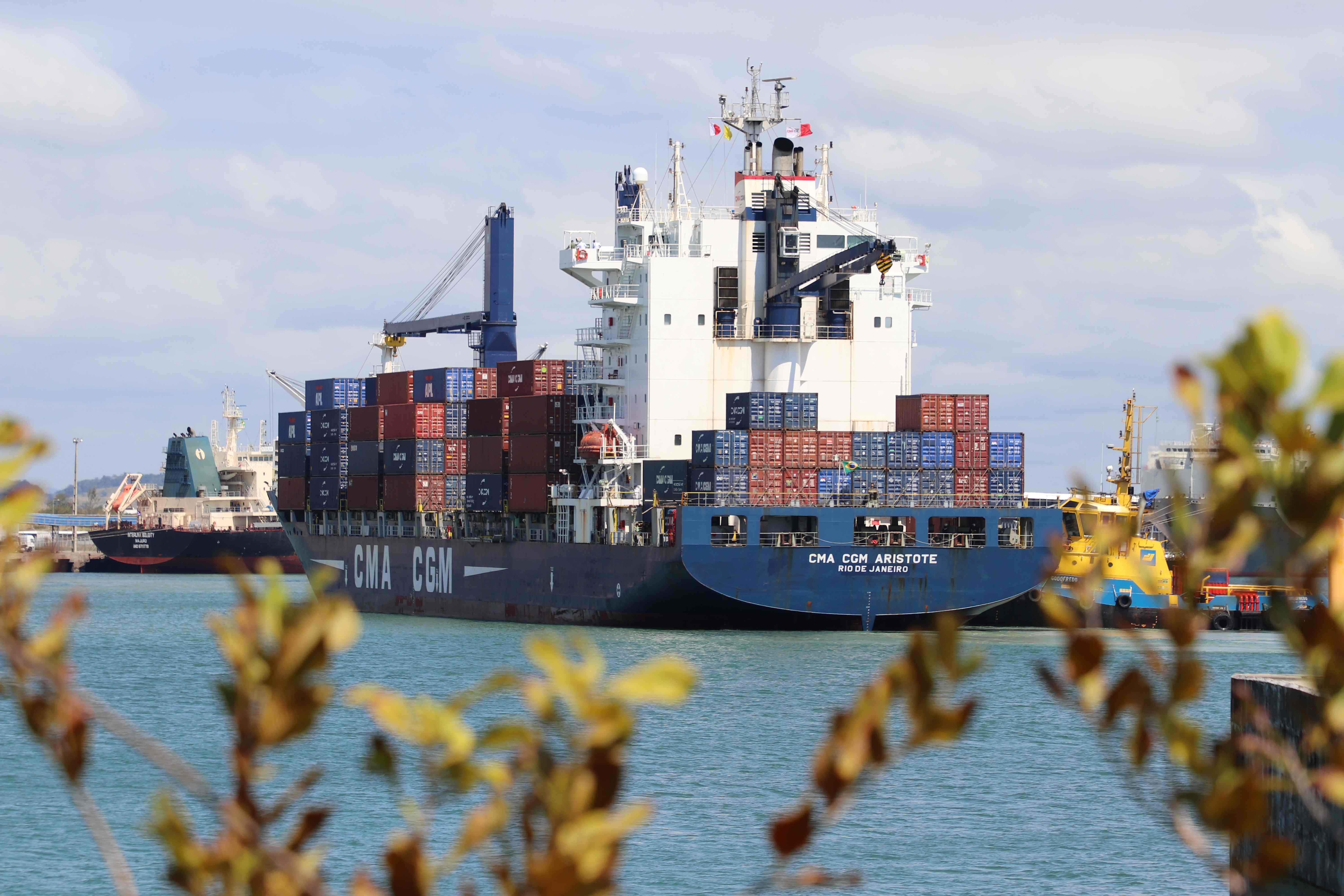 Fotografia colorida de um porto durante o dia. Em primeiro plano, folhas desfocadas de vegetação enquadram a parte inferior da imagem. Ao centro, um grande navio porta-contêineres de casco azul, identificado com a marca "CMA CGM", está atracado. A embarcação transporta dezenas de contêineres empilhados em diferentes alturas, nas cores azul, vermelho, marrom e cinza. Na popa, destaca-se a superestrutura branca do navio, com mastros, antenas e equipamentos de navegação. À direita, um rebocador amarelo está posicionado ao lado da embarcação. Ao fundo, aparecem outro navio cargueiro e um guindaste portuário utilizado para movimentação de cargas. O mar é calmo, de tonalidade azul-esverdeada, e o céu está parcialmente nublado, com nuvens claras espalhadas.