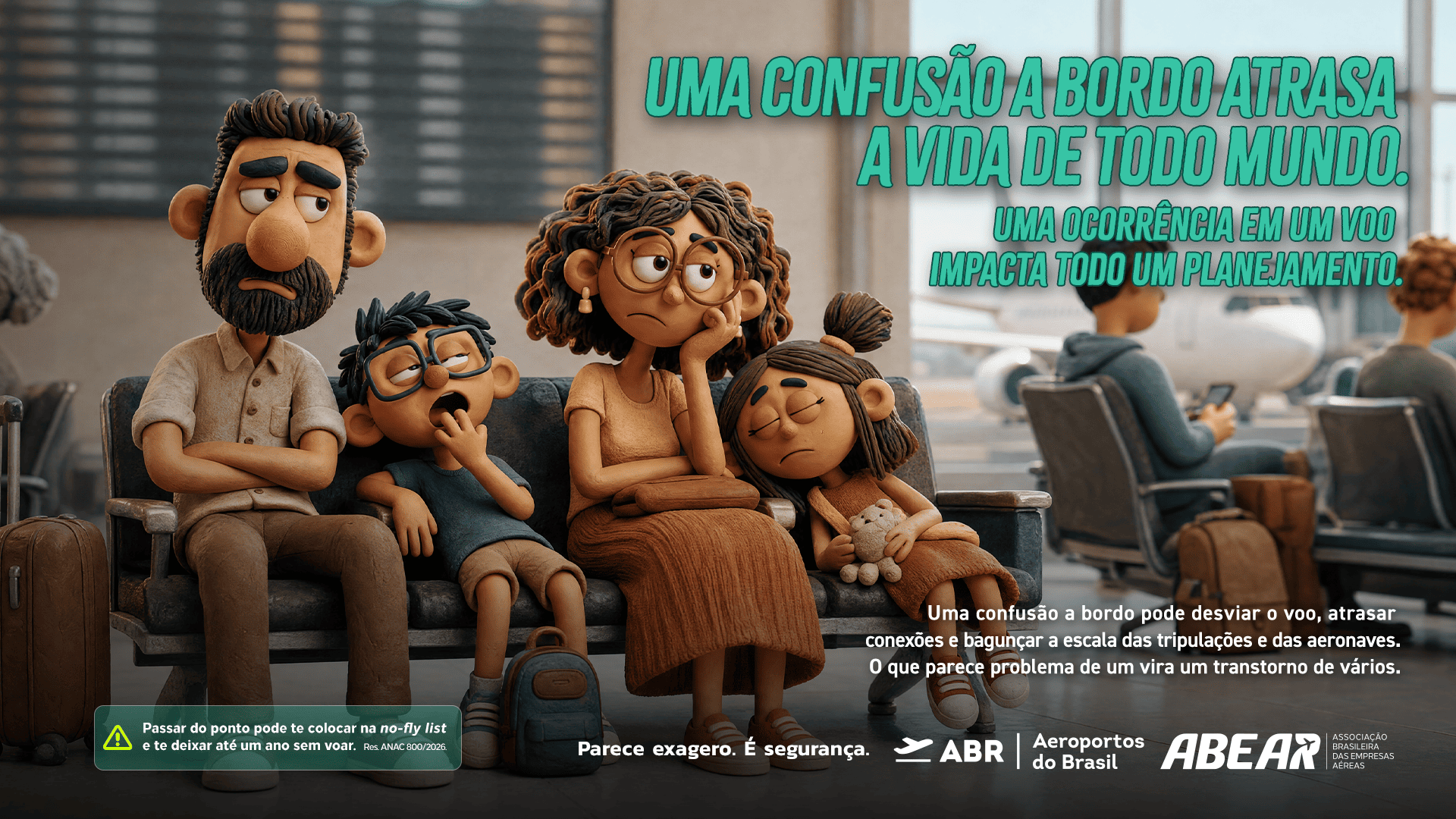 ilustração mostra família sentada e cansada no saguão do aeroporto