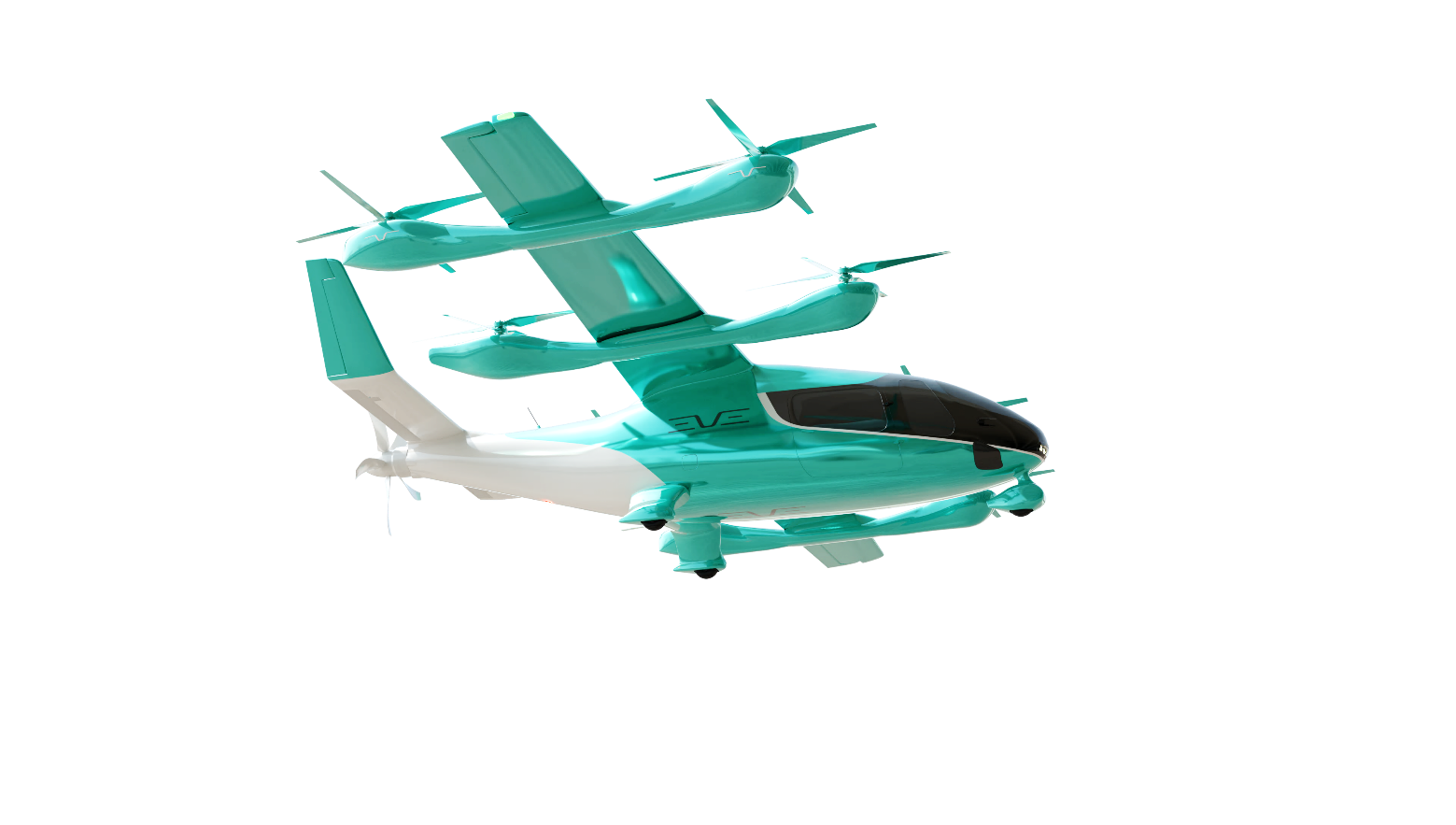 Ilustração do eVTOL da EVE, mostra aeronave com 4 rotores no topo, e corpo em azul.
