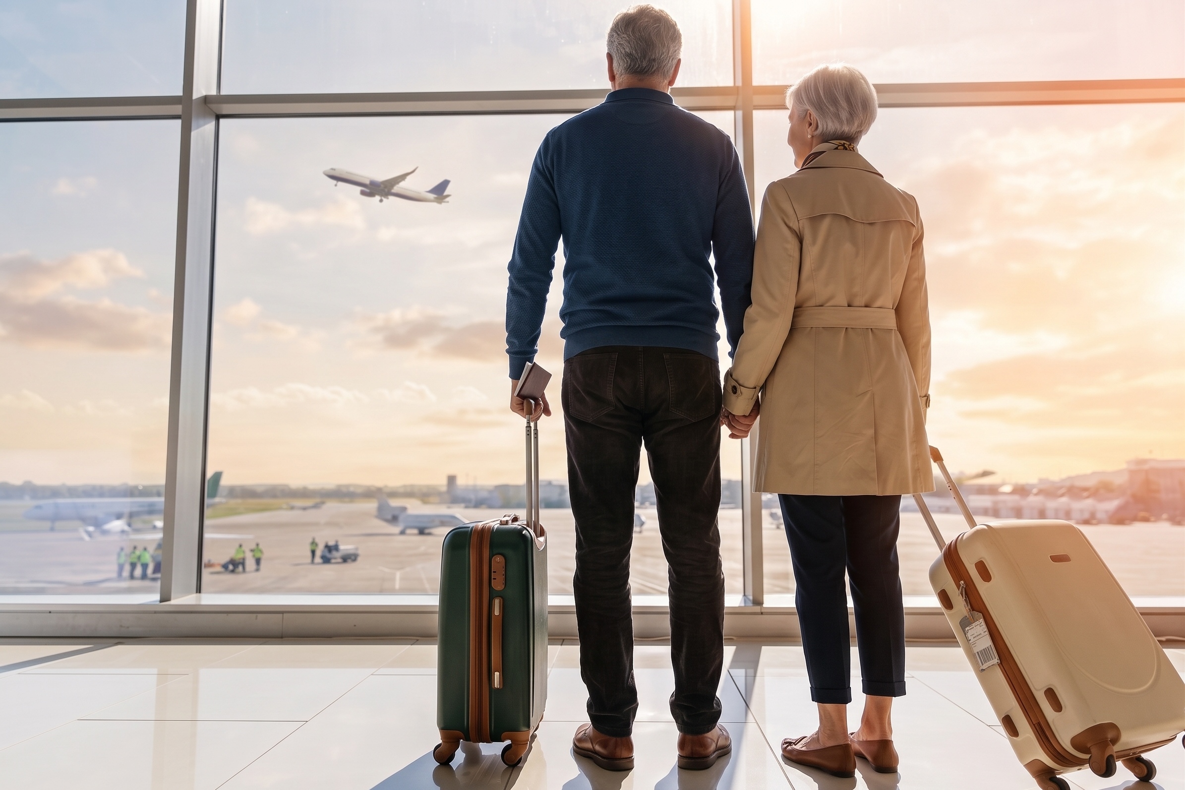 Casal de idosos, de costas, olhando pista de aeroporto.