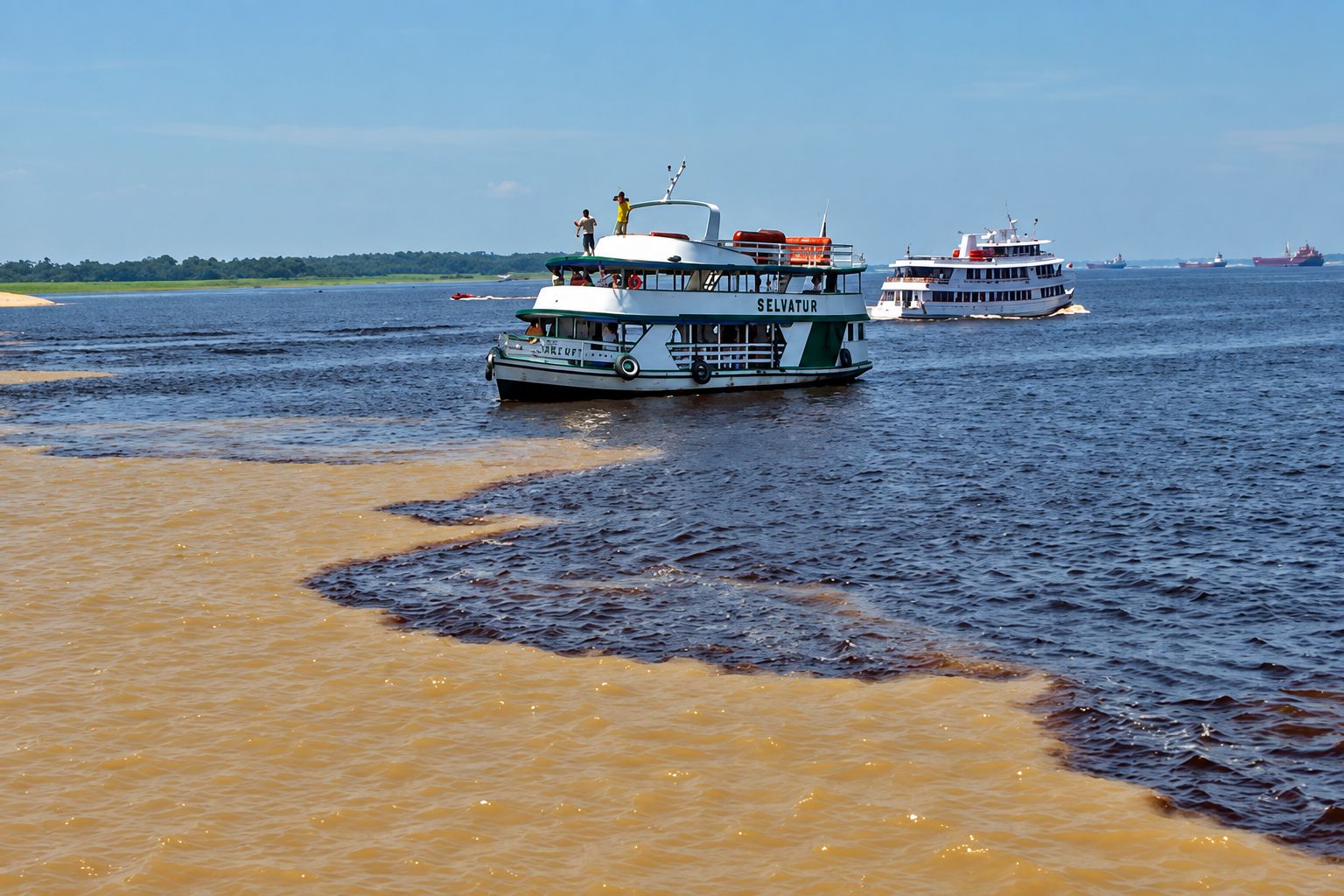 Barcos navegam no encontro das águas claras e escuras no Rio Amazonas.