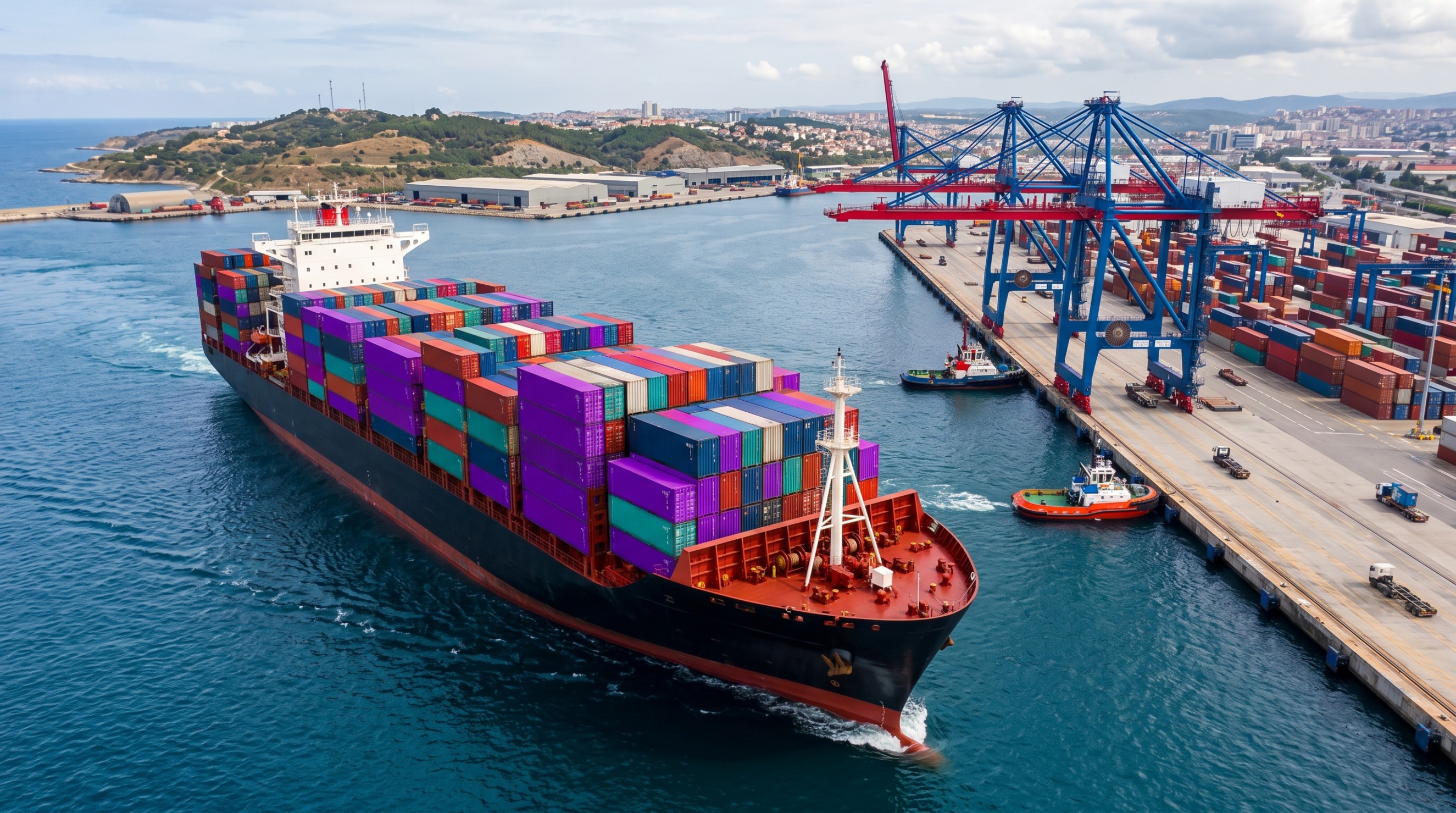 Navio próximo de contêineres próximo a um porto