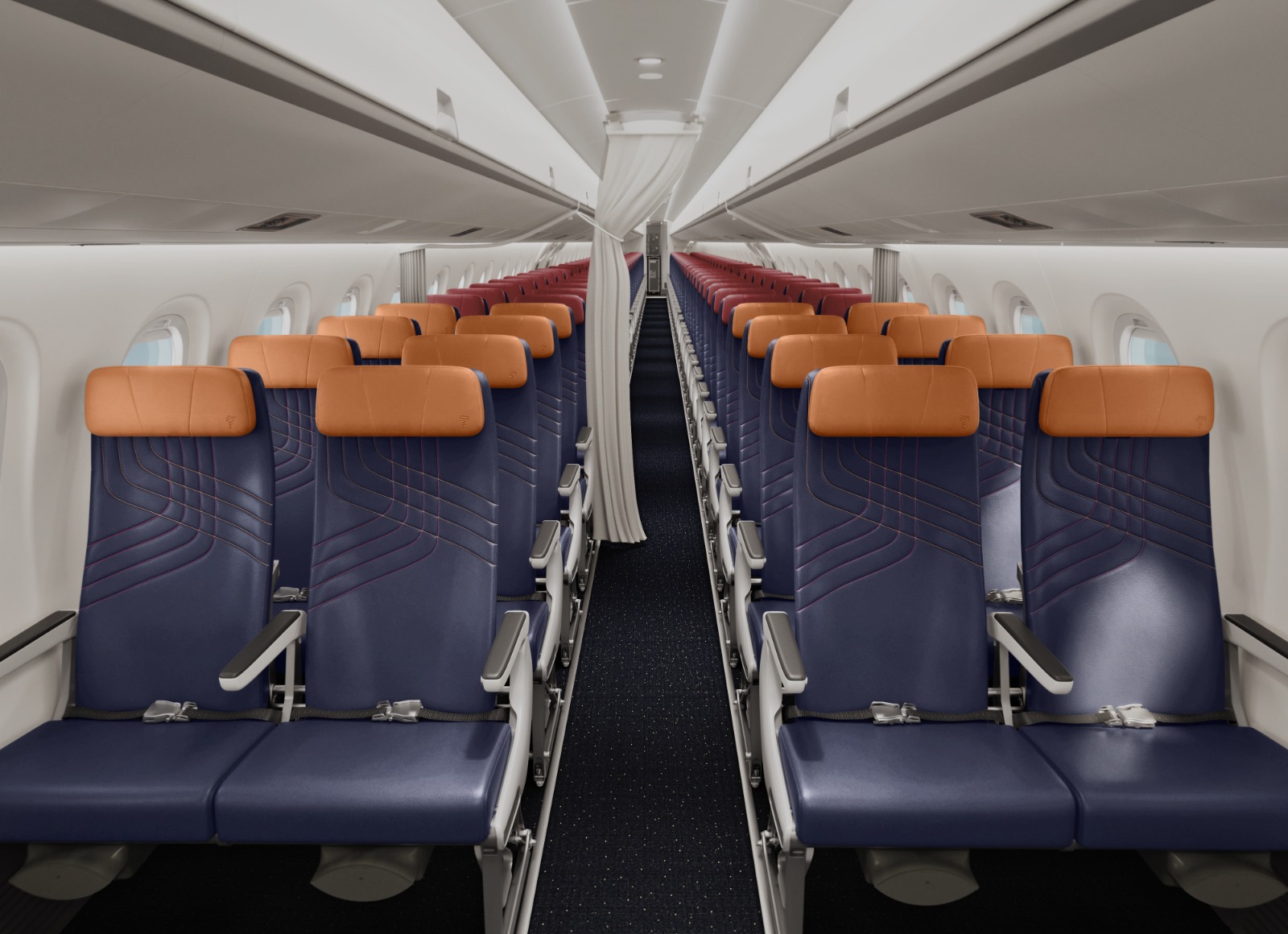 Interior da cabine do avião da Embraer operado pela Latam.