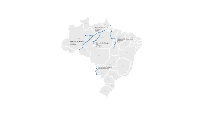 Mapa dos principais projetos de concessão hidroviária em desenvolvimento no Brasil