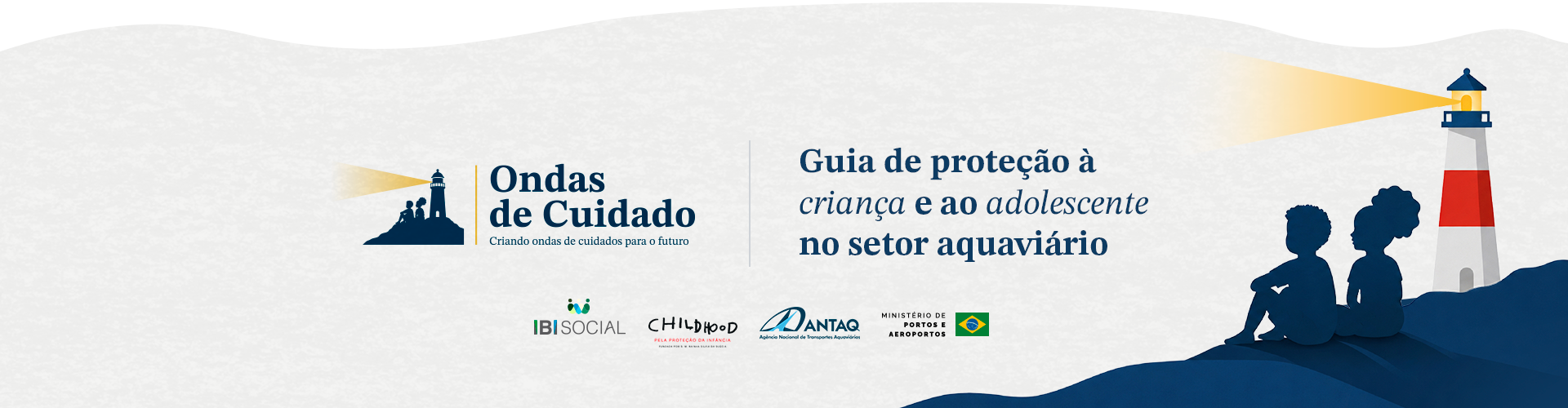 Ilustração com fundo claro e elementos em tons de azul. À esquerda, o logotipo “Ondas de Cuidado – C