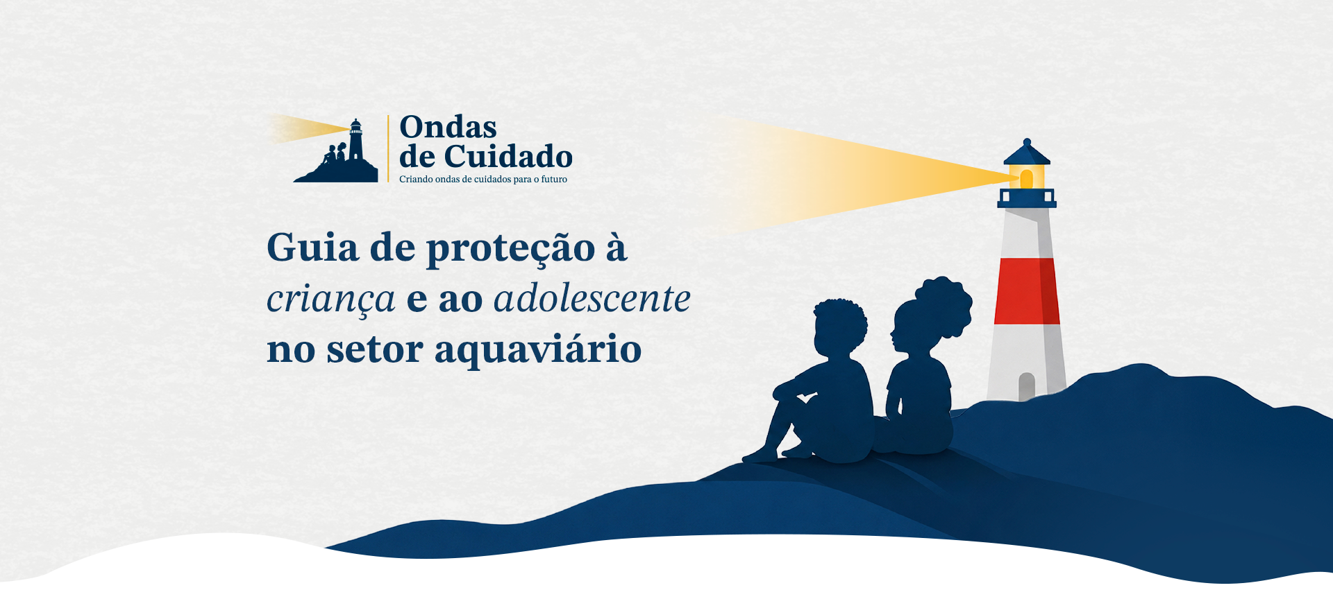 Ilustração com fundo claro e elementos em tons de azul. À esquerda, o logotipo “Ondas de Cuidado – C