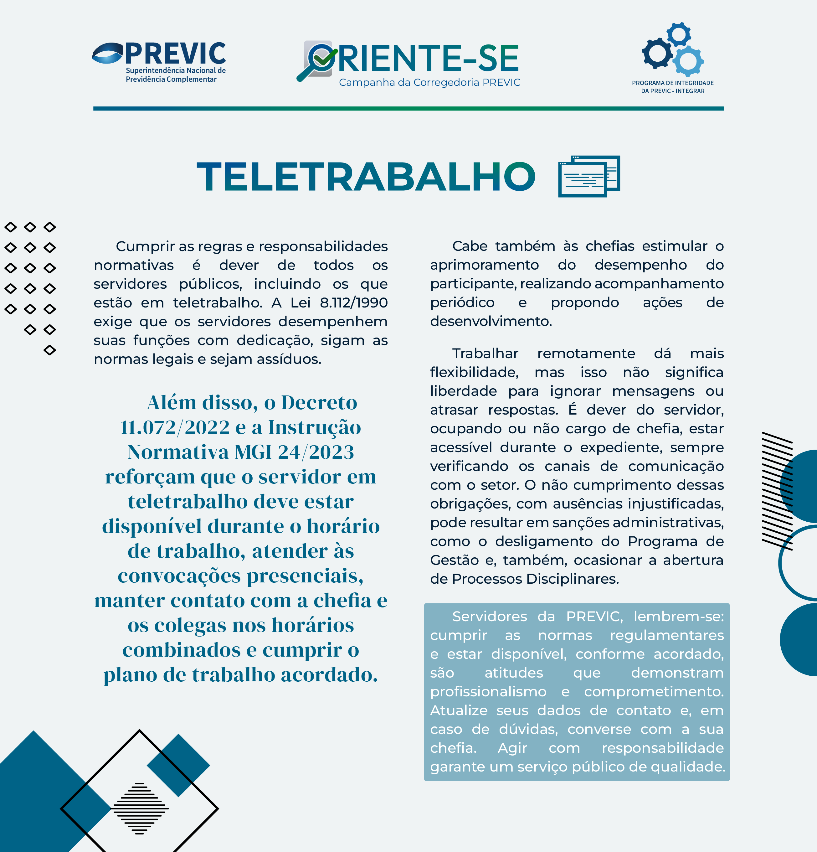 Infográfico da PREVIC sobre regras, deveres e a disponibilidade necessária no teletrabalho.