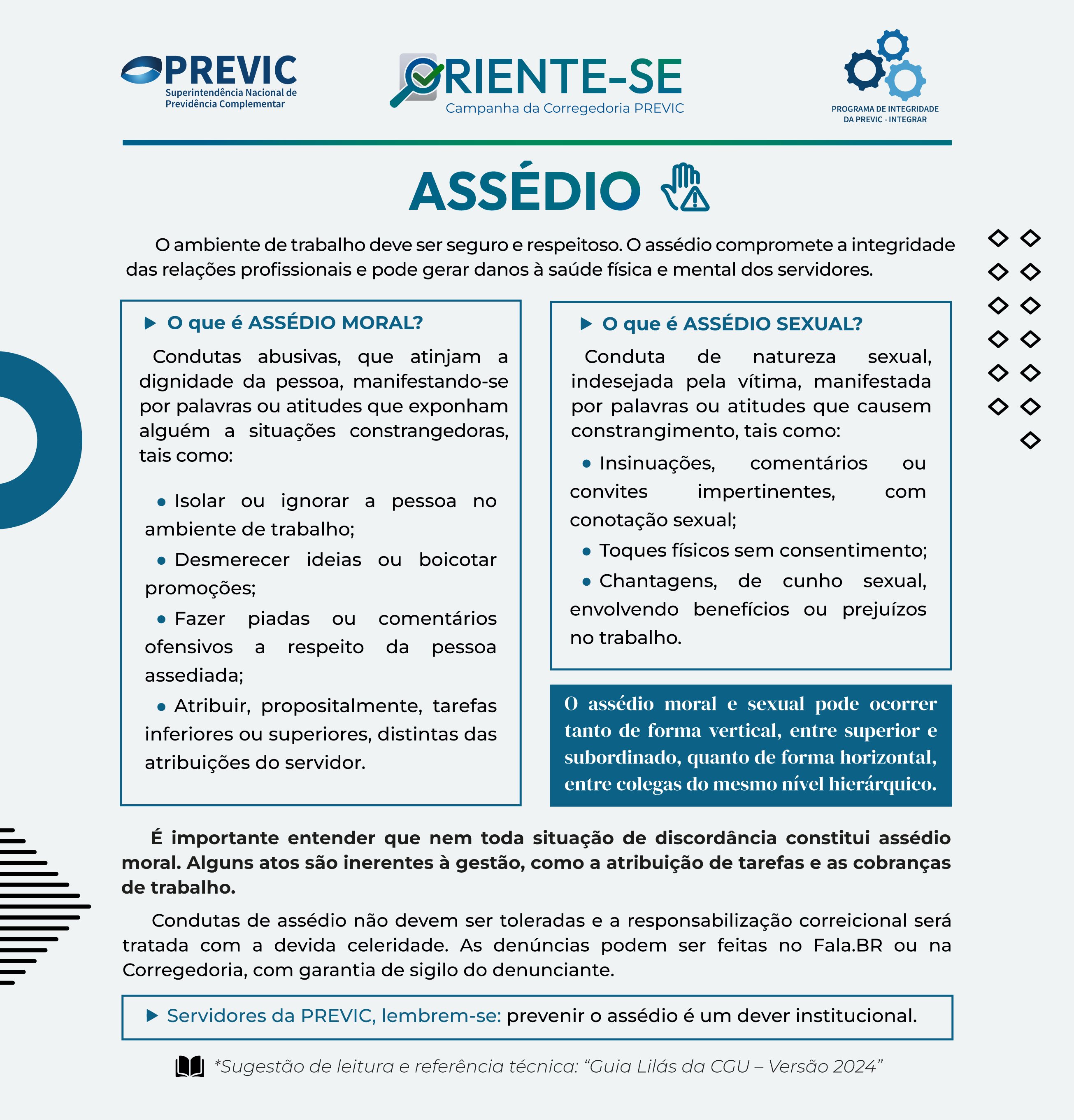 Infográfico da PREVIC definindo assédio moral e sexual no trabalho e canais de denúncia.