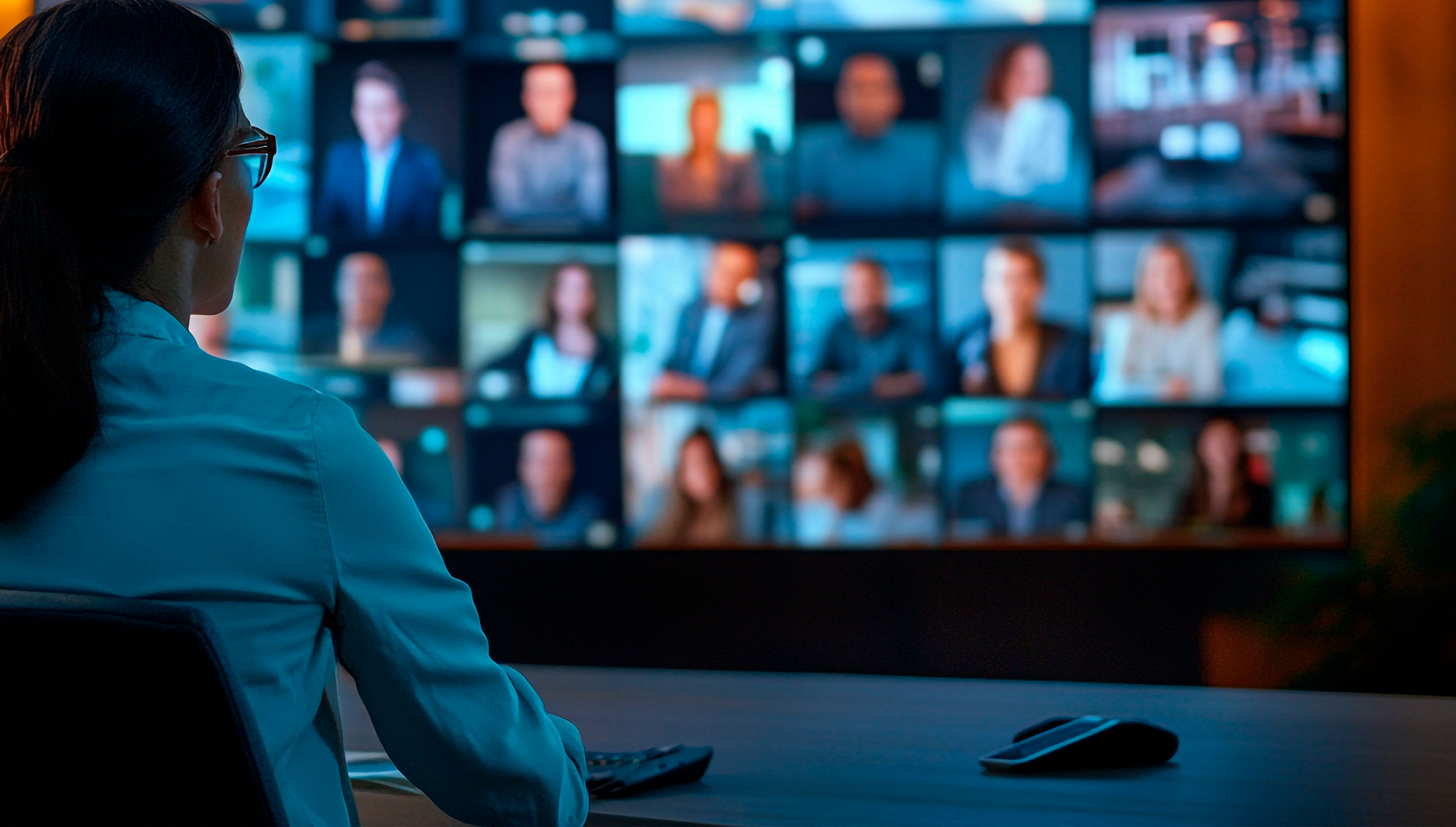 Mulher de costas observa grande tela com mosaico de participantes em reunião por videoconferência