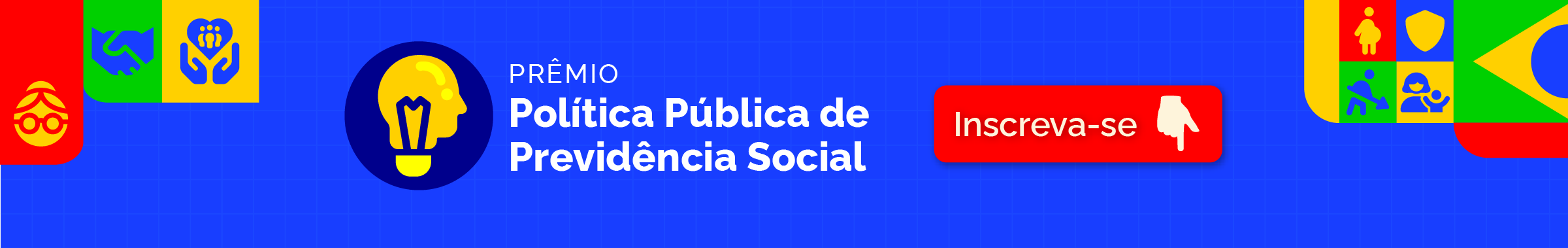 banner com ícones relacionados à previdência social com o título do prêmio política pública..