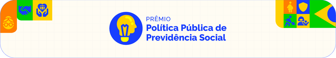 Banner do “Prêmio Política Pública de Previdência Social”, com ícone de lâmpada em forma de cabeça humana, botão vermelho “Inscreva-se” e chamada em destaque: “Participe e concorra a uma premiação em dinheiro!”, com elementos gráficos coloridos.