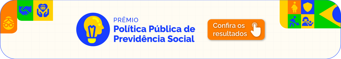 Banner do “Prêmio Política Pública de Previdência Social”, com ícone de lâmpada em forma de cabeça humana, botão vermelho “Inscreva-se” e chamada em destaque: “Participe e concorra a uma premiação em dinheiro!”, com elementos gráficos coloridos.