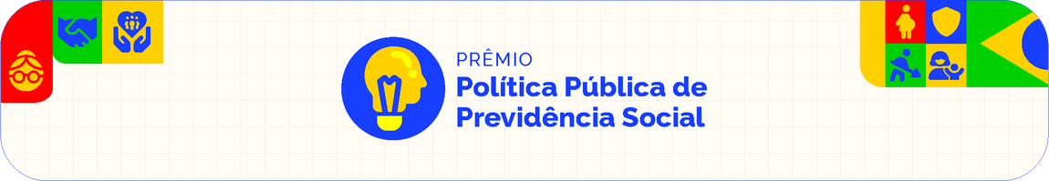 Banner do “Prêmio Política Pública de Previdência Social”, com ícone de lâmpada em forma de cabeça humana, botão vermelho “Inscreva-se” e chamada em destaque: “Participe e concorra a uma premiação em dinheiro!”, com elementos gráficos coloridos.