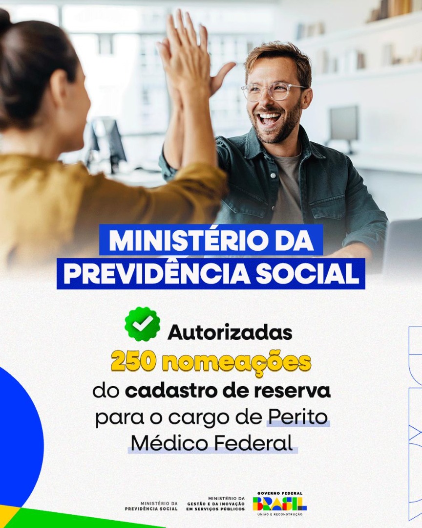 Card no formato de instagram de divulgação da autorização. Com o texto: Autorizadas 250 nomeações do cadastro de reserva para o cargo de Perito Médico Federal